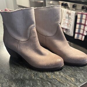 Nicole Taupe Suede & Canvas Ankle Boots | Stacked Heel |